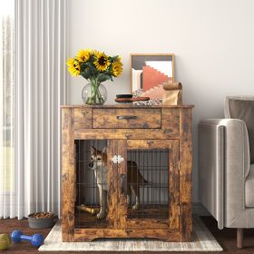 Furniture Style Dog Crate End Table with Drawer, Pet Kennels with Double Doors, Dog House Indoor Use. Rustic Brown, 29.92'' W x 24.8'' D x 30.71'' H.