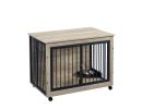 Furniture Style Dog Crate Side Table With Rotatable Feeding Bowl, Wheels, Three Doors, Flip-Up Top Opening. Indoor, Grey, 38.58"W x 25.2"D x 27.17"H